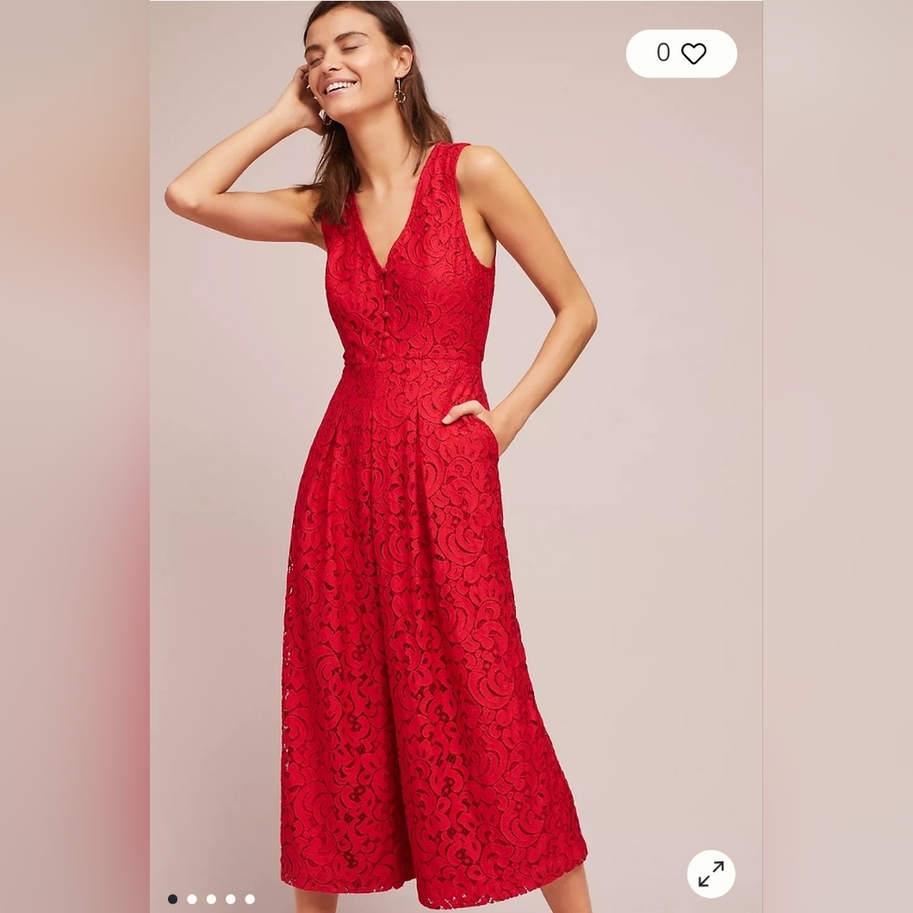 Anthropologie Moulinette Soeurs Red Lace Wide Leg Jumpsuit Size 14